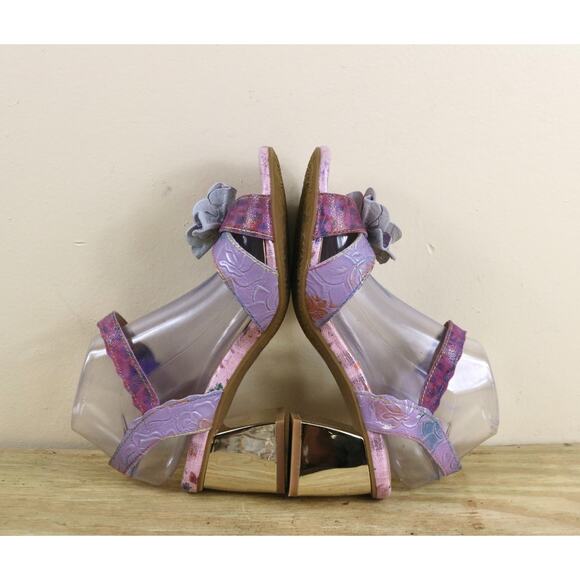 New L' Artiste Sandals 40 Leather Difi Floral Embellishment Gold Block Heel - Picture 5 of 12